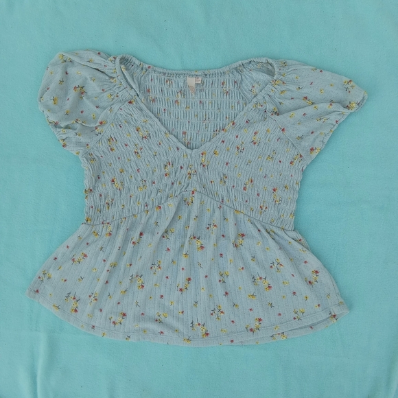 Mint Green Babydoll Floral Top Evolutionary Apparel Puff Sleeve V-Neck Size M - Picture 7 of 9